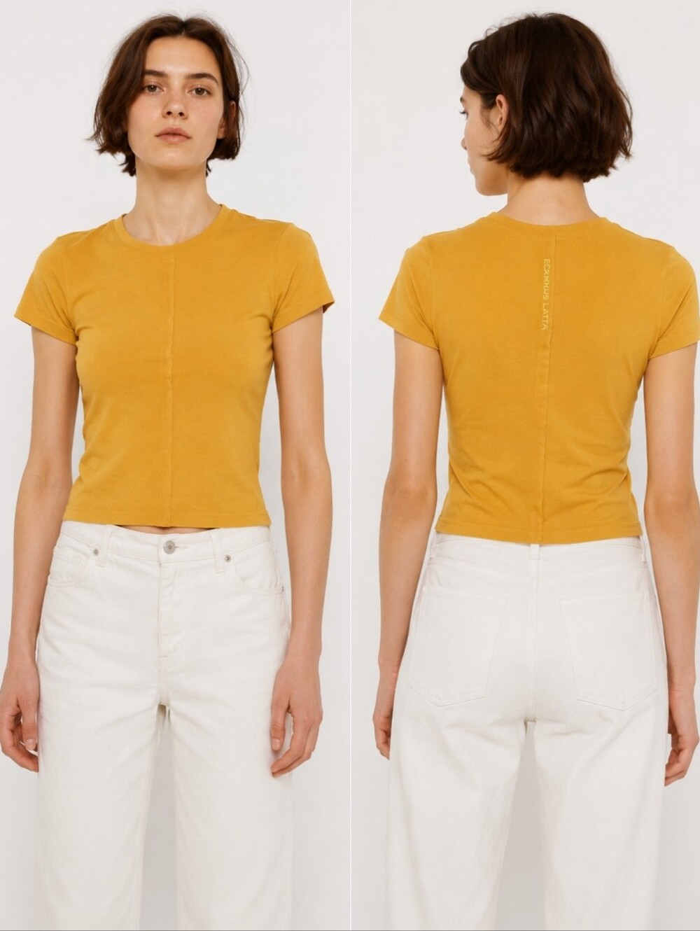 ECKHAUS LATTA LAPPED TEE MUSTARD YELLOW EXPOSED SEAM BABY TEE TSHIRT